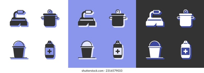 Ajuste jabón antibacteriano, Cepillo para limpieza, Icono de cubo y olla de cocina. Vector