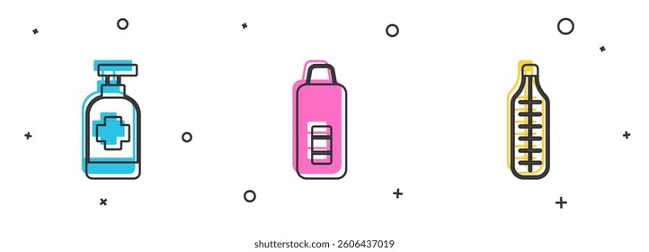 Set Antibacterial soap, Digital thermometer and Medical icon. Vector