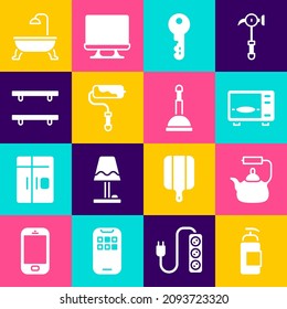 Set Antibacterial soap, Kettle with handle, Microwave oven, House key, Paint roller brush, Empty wooden shelves, Bathtub and Rubber plunger icon. Vector