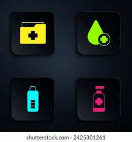 Establecer jabón antibacterial, registro del paciente, termómetro digital y donar sangre de gota. Botón cuadrado negro. Vector