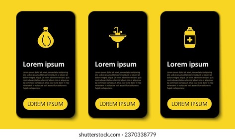 Set Antibacterial soap, Washbasin and Garbage bag. Business infographic template. Vector