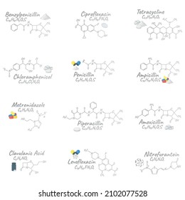 Set of antibiotic chemical formula and composition, concept structural medical drug, isolated on white background, vector illustration. Antibacterial medicament biochemical organic product.