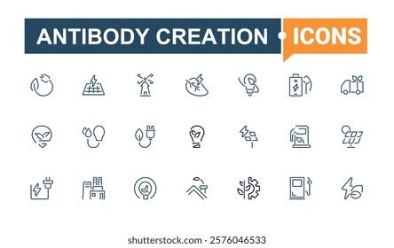 Set of Antibody Creation line icons. Related to medical, body, treatment, Immunization, vaccination, epidemic and more. Minimal linear icons. Editable vector stroke.