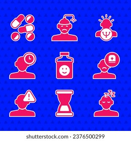 Set Antidepressants, Old hourglass, Dreams, Male doctor, Finding problem in psychology, Insomnia, Psychology and Medicine pill tablet icon. Vector