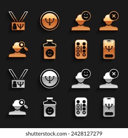 Set Antidepresivos, Problema de solución en psicología, Asesoramiento psicológico en línea, Píldoras sedantes, Hallazgo, Buen humor, Psicología e icono. Vector