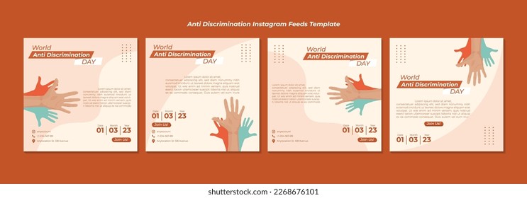 set of anti-discrimination-bait icons decorated with human arms with different skin tones. Anti discrimination poster, print, card, banner design on orange background.