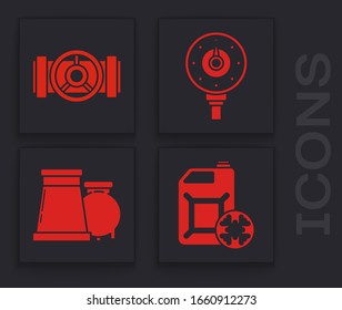 Set Antifreeze canister, Industry metallic pipes and valve, Motor gas gauge and Oil and gas industrial factory building icon. Vector