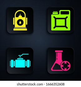 Set Antifreeze test tube, Petrol or Gas station, Industry metallic pipes and valve and Canister for gasoline. Black square button. Vector