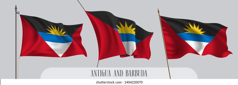 Set of Antigua and Barbuda waving flag on isolated background vector illustration. 3 wavy realistic flag as a patriotic symbol 