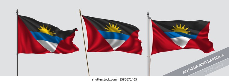 Set of Antigua and Barbuda waving flag on isolated background vector illustration. 3 wavy realistic flag as a symbol of patriotism 
