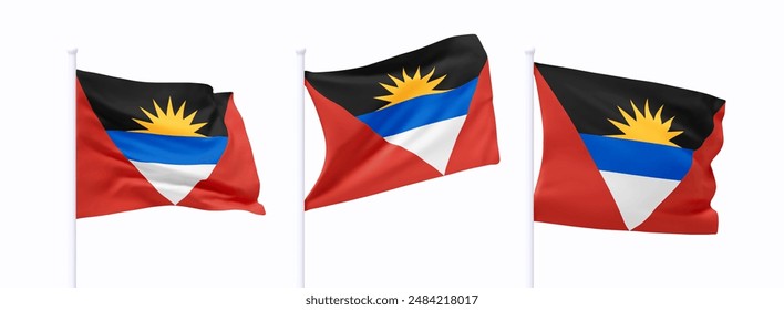 Set of Antigua and Barbuda waving flag on flagpole. Realistic 3d design flag flies on the wind on isolated white background. vector illustration