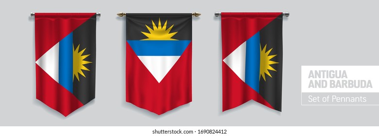 Set of Antigua and Barbuda waving pennants on isolated background vector illustration. 3 wavy realistic pennon as a symbol of patriotism