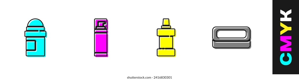 Set Antiperspirant deodorant roll, Shaving gel foam, Bottle for cleaning agent and Bar of soap icon. Vector