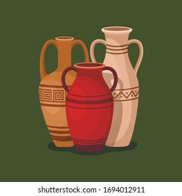 Set of antique amphora with two handles. Ancient clay vases jars, Old traditional vintage pot. Ceramic jug archaeological artefacts. Greek or Roman vessel pottery for wine or oil. Vector illustration