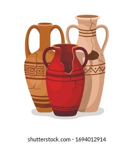 Set of antique amphora with two handles. Broken ancient clay vases jars, Old traditional vintage pot. Ceramic jug archaeological artefacts. Greek or Roman vessel pottery for wine or oil. Vector