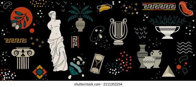 A set of antique ancient Greek statues, jugs, amphorae, vases and column capitals. Vector abstract background with elements of Greek ornament.
