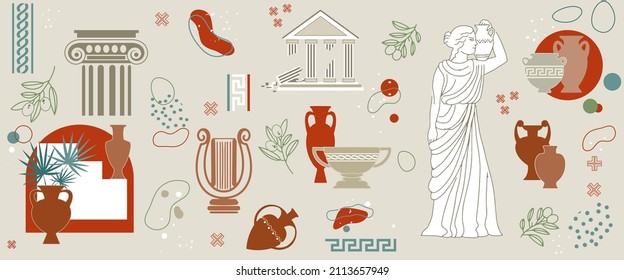 A set of antique ancient Greek statues, jugs, amphorae, vases and column capitals. Vector abstract background with elements of Greek ornament.