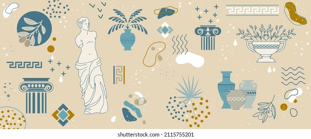 A set of antique ancient Greek statues, jugs, amphorae, vases and column capitals. Vector abstract background with elements of Greek ornament.