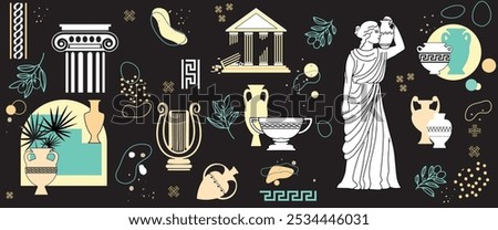 A set of antique ancient Greek statues, jugs, amphorae, vases and column capitals. 