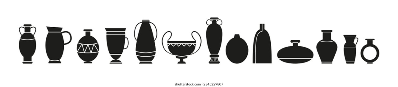 Set of antique ancient vases. Amphora, jug, pitcher, pottery, tableware. Silhouettes. Antiquity. Greek and roman culture. Archeology. 