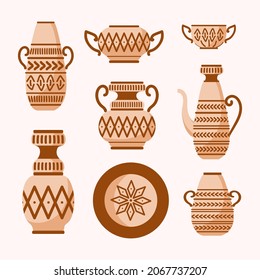 Set of antique archaeological artefacts. Greek amphoras, vases, plate, pots and bowl with ethnic patterns. Handmade ceramics. For stickers, posters, postcards, design elements