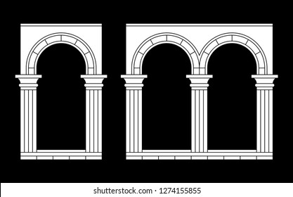 Set of antique arches with columns. Vector illustration, white linear silhouette.