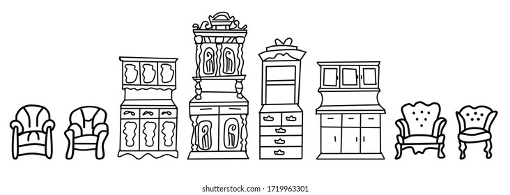 set of antique armchairs and cabinets is made in the style of a sketch. Doodles isolated on a white background. Vector collection of vintage furniture