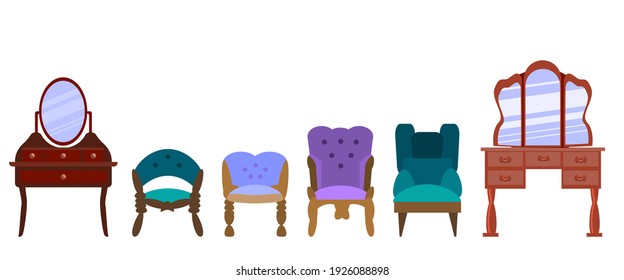 Set von antiken Sesseln, Schminktisch, Eitelkeit und Stühlen einzeln auf weißem Hintergrund. Vektorgrafik im Flachstil. Kollektion von Möbeln für Schlafzimmer, Büro, Wohnzimmer