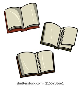 A set of antique books, open books, a book with a torn page, a cartoon vector illustration on a white background