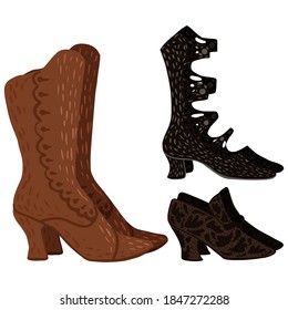 Set antique boots on white background. Vintage shoes dark color in doodle style vector illustration.