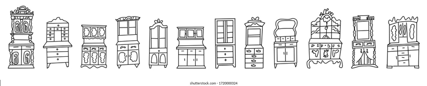 Set of antique cabinets drawn in sketch style.Collection of vintage wardrobes isolated on a white background.Furniture and decorative elements for Doodle-style interiors.Hand drawn vector illustration