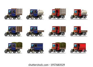 Set of Antique car with old vintage truck design on white background, isolated vector illustration