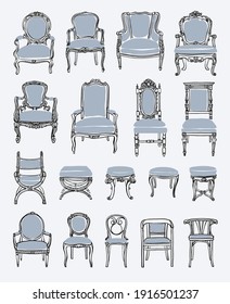 A set of antique chairs, armchairs and stools. Stock vector illustration.