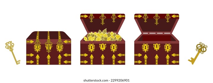 Comillas antiguas con cordón abierto y cerrado, lleno de barras doradas brillantes, vacías. llaves antiguas. Pirate Treasure, una colección de cofres vintage. Ilustración vectorial en un estilo de caricatura plano