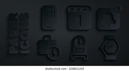 Set Antiquitätenuhr, Mobile Alarm App, Arbeitszeit, Armbanduhr, Kalender und Icon. Vektorgrafik