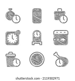 Set Antique clock, Clock, Food time, Time flies on the, Waste of, Alarm app mobile, Work and is money icon. Vector