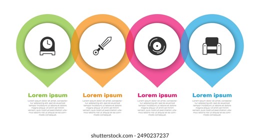 Reloj antiguo, espada medieval, disco de vinilo y sillón. Plantilla de infografía de negocios. Vector