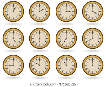 Set of antique clocks for business hours with roman numbers. Vector isolated on white. All elements sorted and grouped in layers