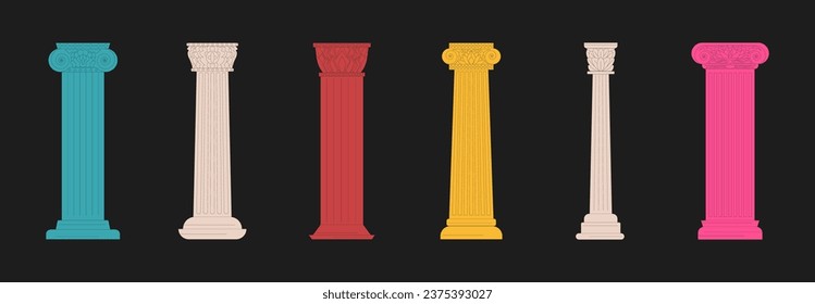 Set of antique columns. Greek vintage columns with scrolls and capitals, Roman pillars, in cartoon antique style