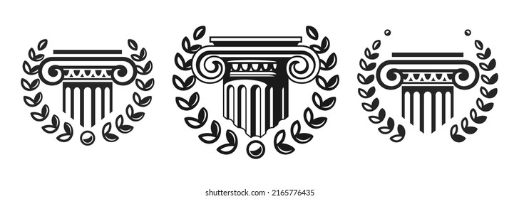 Un conjunto de columnas antiguas, peatones con una corona. Conjunto de logotipos vectoriales de la firma de leyes. Elementos arquitectónicos. Aislado sobre un fondo blanco