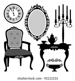 Set of antique decorative furniture and objects, vector illustration