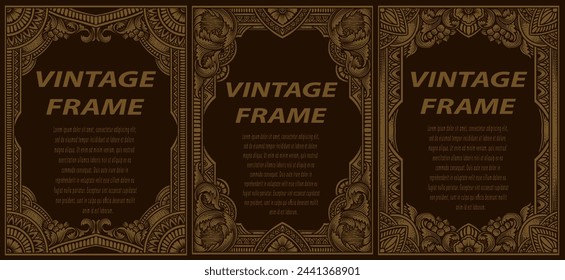 Set antique engraving frame border label, vintage hand drawn, vector illustration