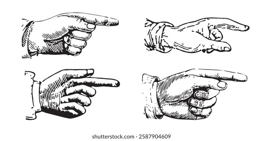 Set of antique engravings of pointing fingers. Hands pointing symbols.