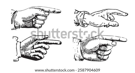 Set of antique engravings of pointing fingers. Hands pointing symbols.
