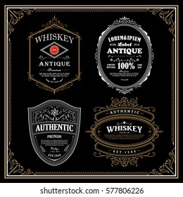 set antique frame whiskey label Vintage border engraving retro vector illustration