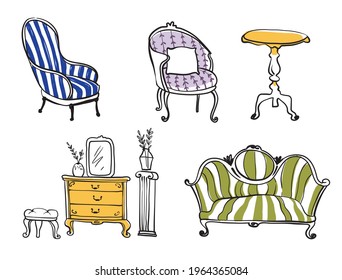 Set Of Antique Furniture Objects, Line Drawing Vector Art