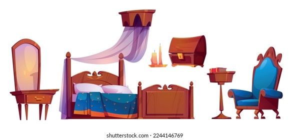 Set of antique furniture for royal room interior. Cartoon vector illustration of sophisticated bed, dressing table with mirror, armchair, book, candle and wooden chest isolated on white background