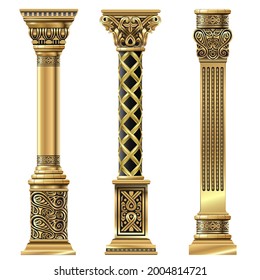 Set of antique gold carved decorative columns in oriental style. Vector templates