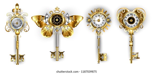 Set of antique, gold and silver keys decorated with dials on white background.