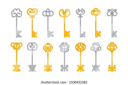 Set of Antique Gold and Silver Keys Isolated on White Background, Fairy Tale, Magic Game Ui Elements, Secret Metaphor, Antiquarian Collection, Vintage Keys. Cartoon Vector Illustration, Icons